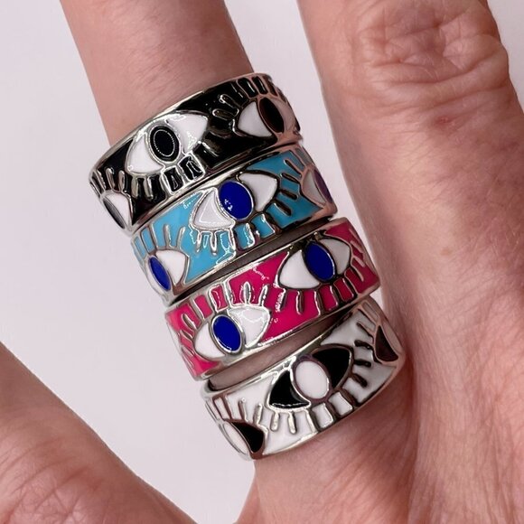 Boho Evil Eye Enamel Adjustable Ring #1306 WHITE - Picture 3 of 13